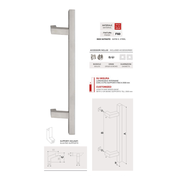 Maniglione Panama Inclinato d.25x25 interasse 350 mm.500x65h Varie finiture | Fimet Maniglie